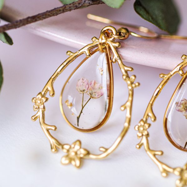 Viseči uhani Solzica z okvirjem - Ozothamnus / Zlati