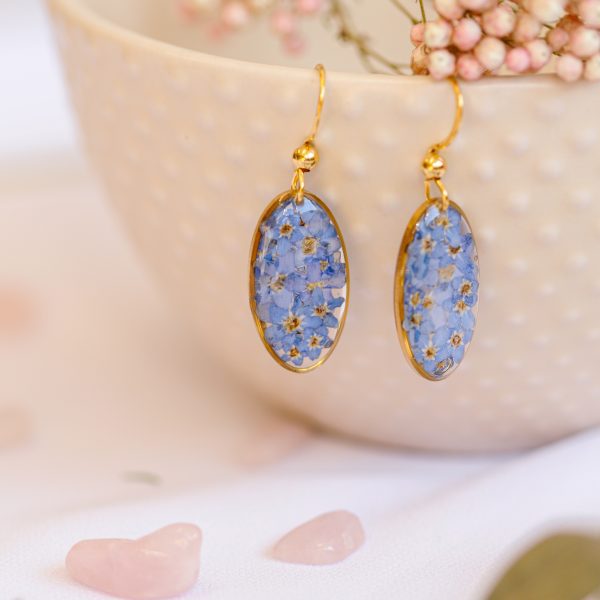 Viseči uhani Oval - Spominčice / Zlati