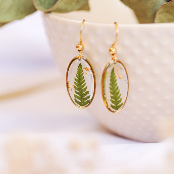 Viseči uhani Oval - Praprot / Zlati