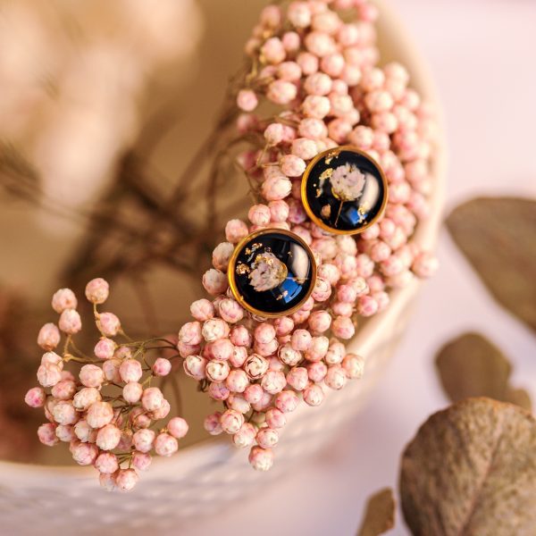 Stud uhani Črni - Ozothamnus / Zlata