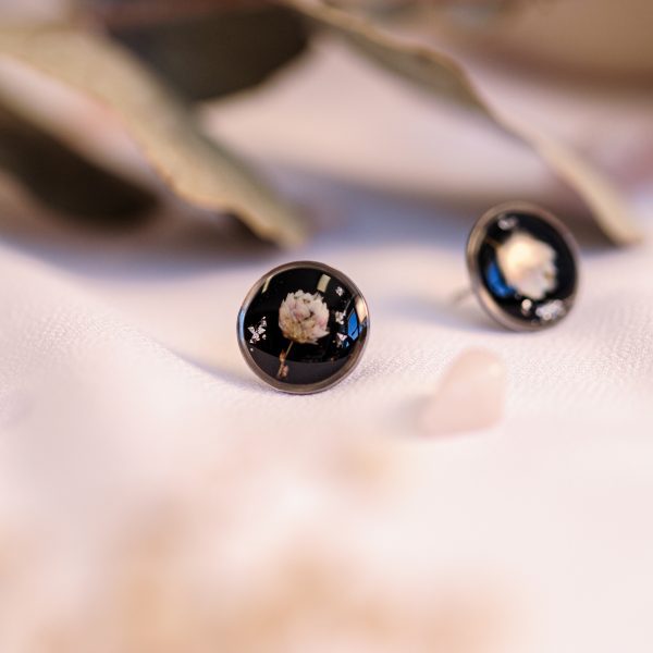 Stud uhani Črni - Ozothamnus / Srebrni