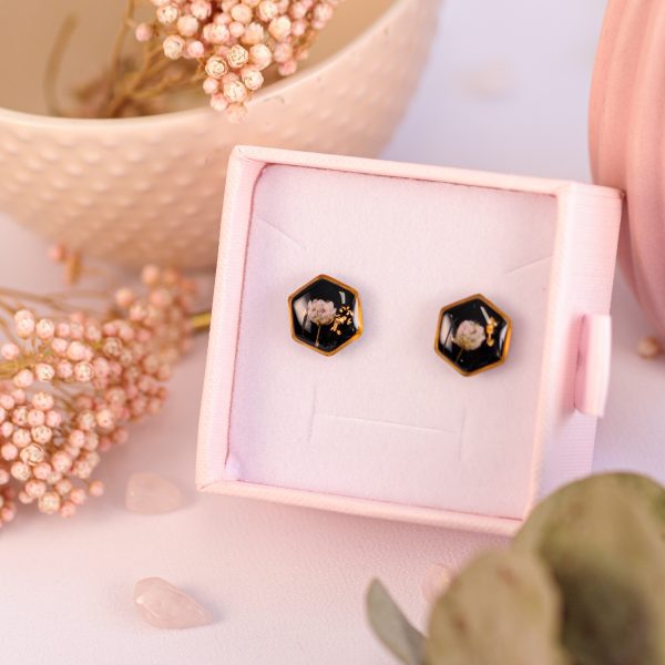 Stud uhani Heksagon - Črni